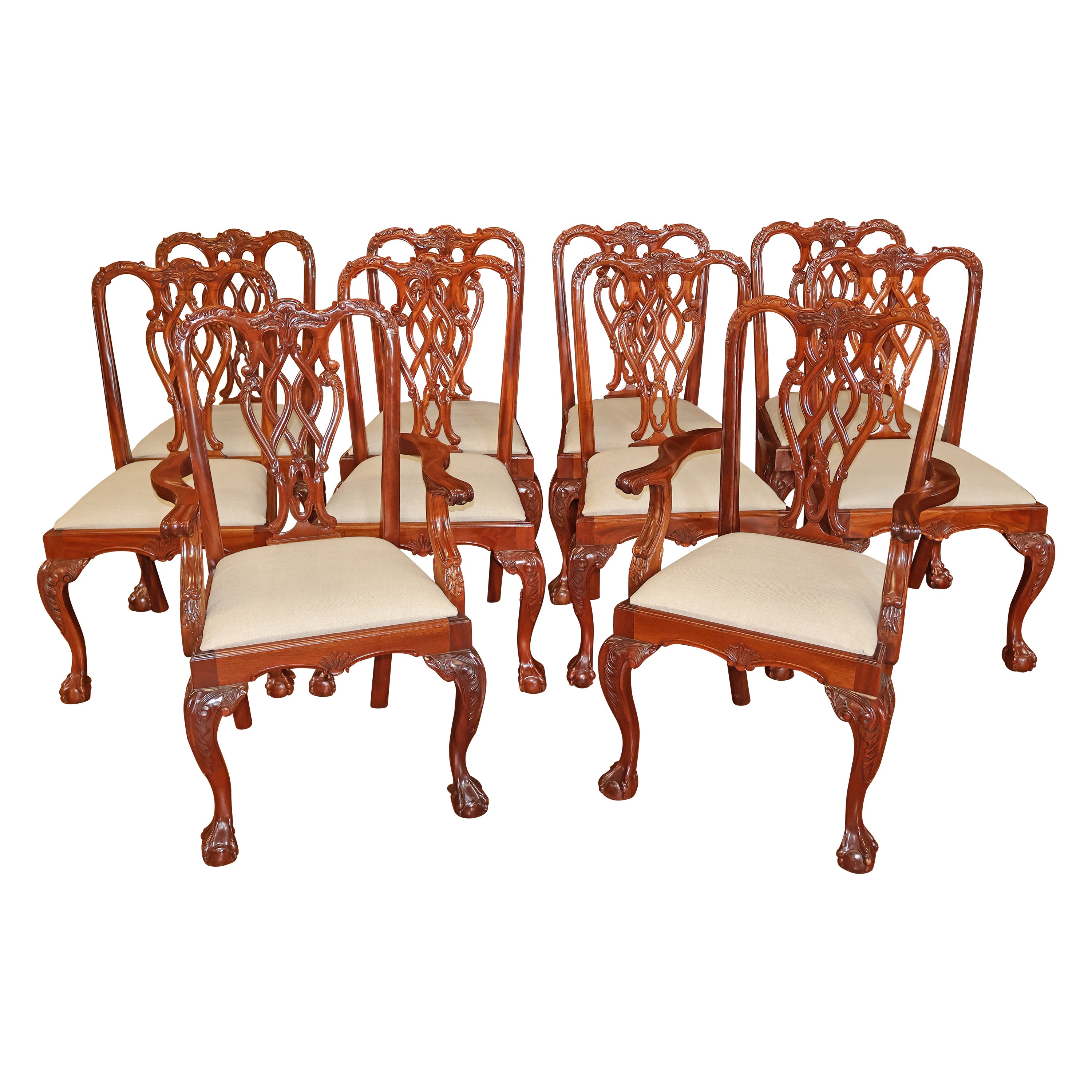 Set of 10 Mahogany Chippendale Style Ball & Claw Foot Dining Chairs For Sale