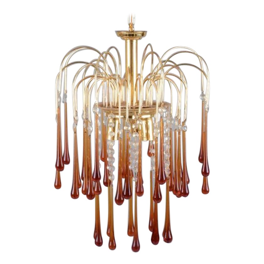 Murano, Italy. Ceiling lamp in amber mouth-blown art glass, brass frame. 
