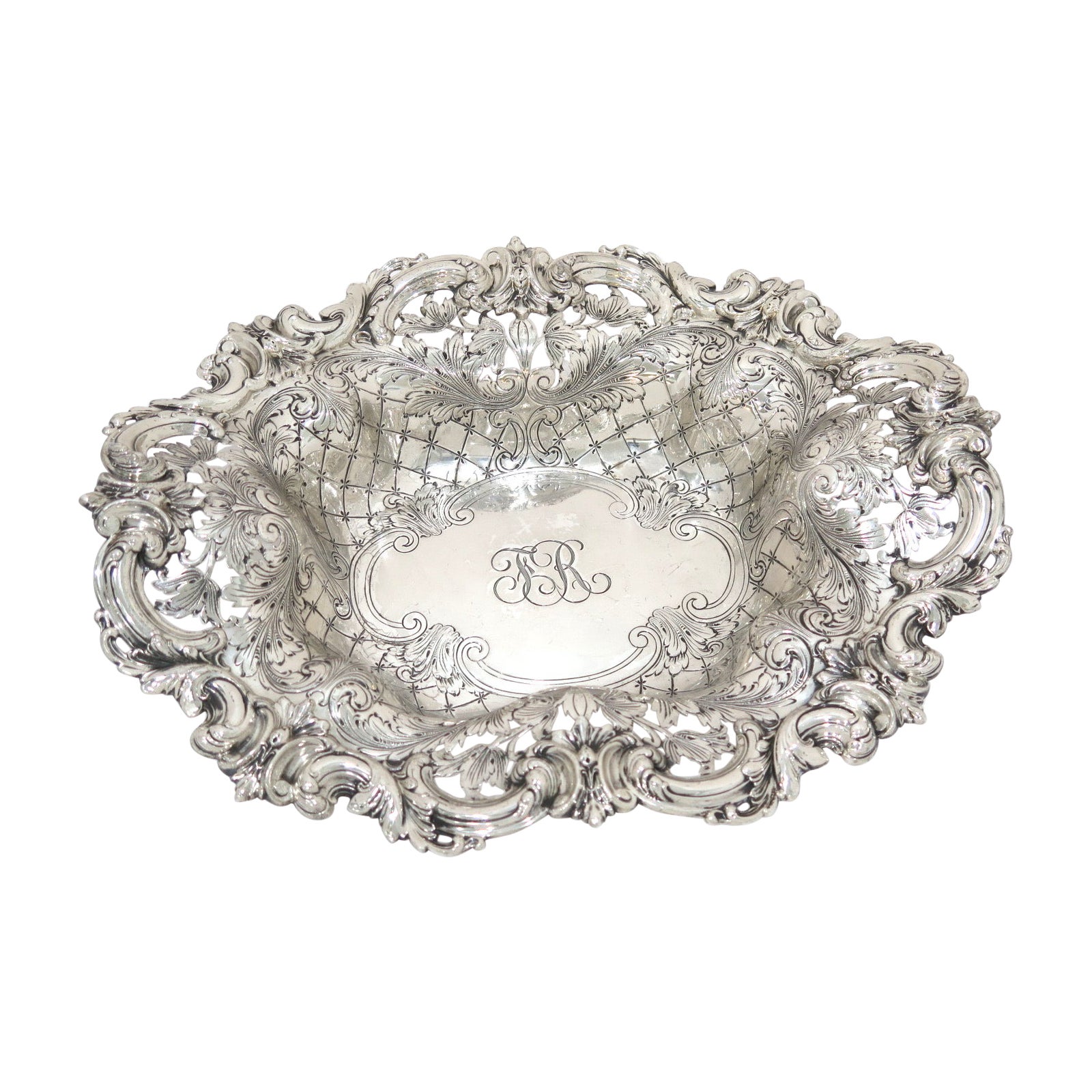13" Sterling Silver Hennegen, Bates Co. Antique Floral Scroll Oval Serving Bowl