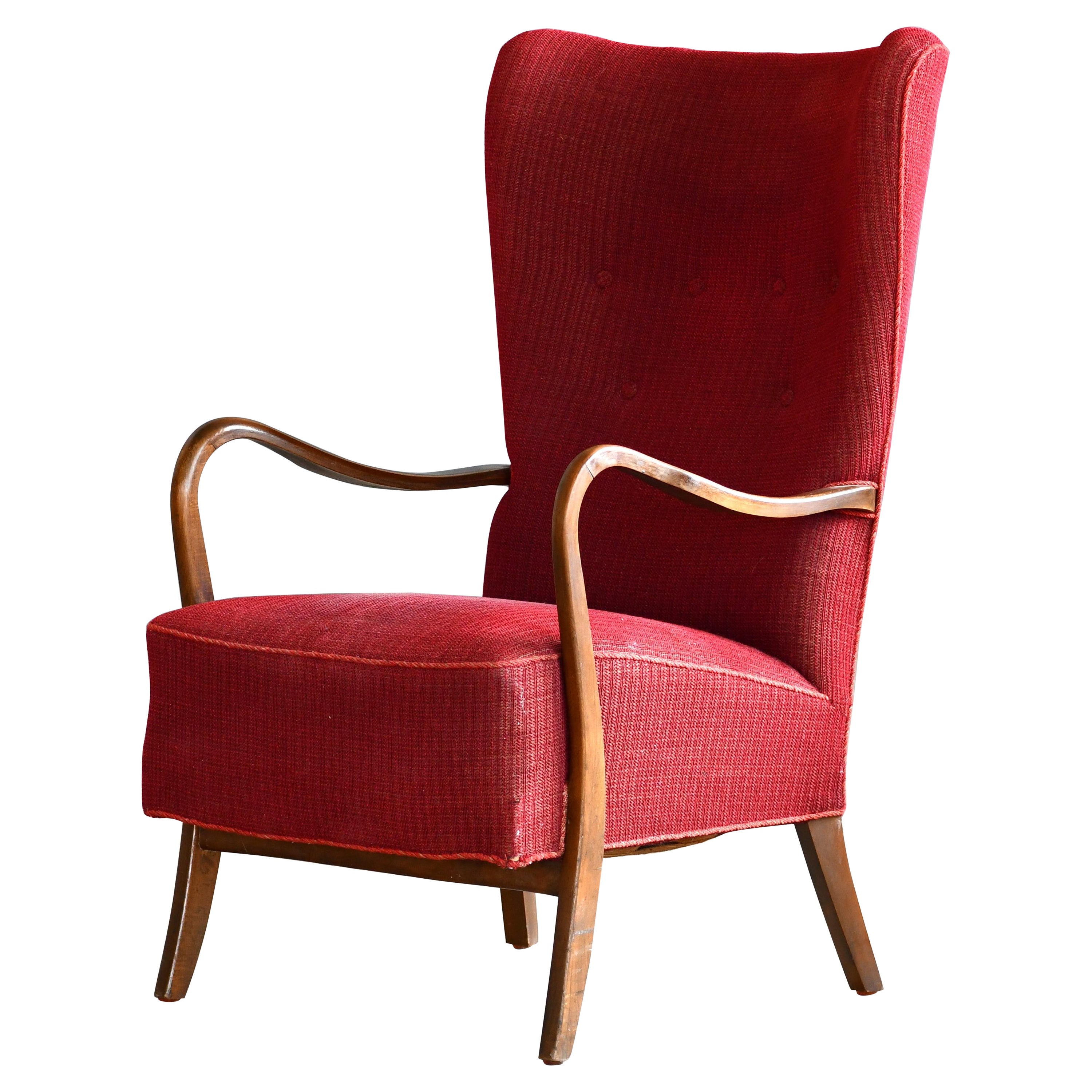 Fauteuil danois à haut dossier avec accoudoirs ouverts d'Alfred Christensen, années 1940