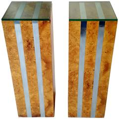 Mid-Century Modern Burl Wood Glass and Chrome Pedestals, circa 1970