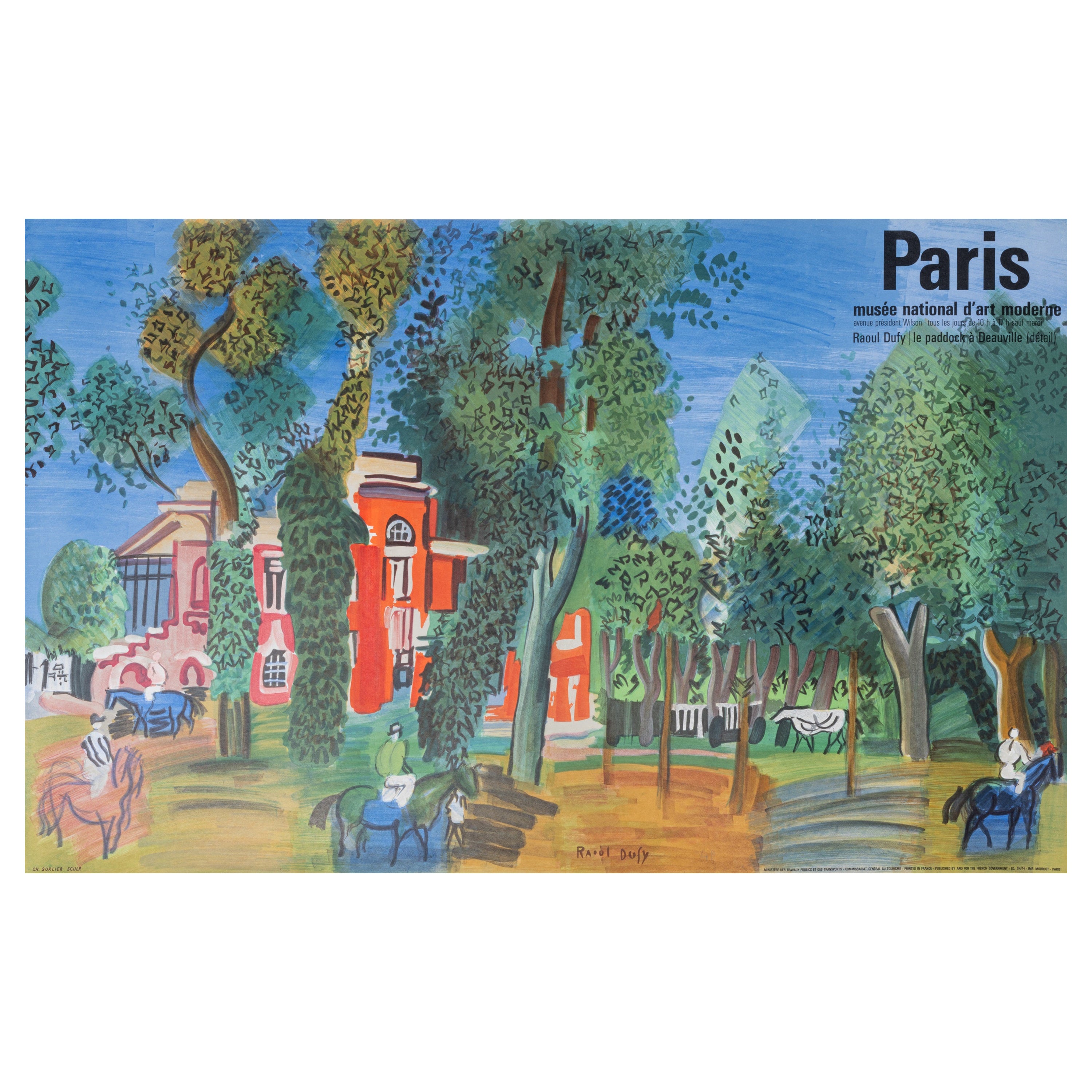 Dufy, affiche vintage d'origine, Paris, MAD, fauvisme, cubisme, chevaux Deauville Horses 1964
