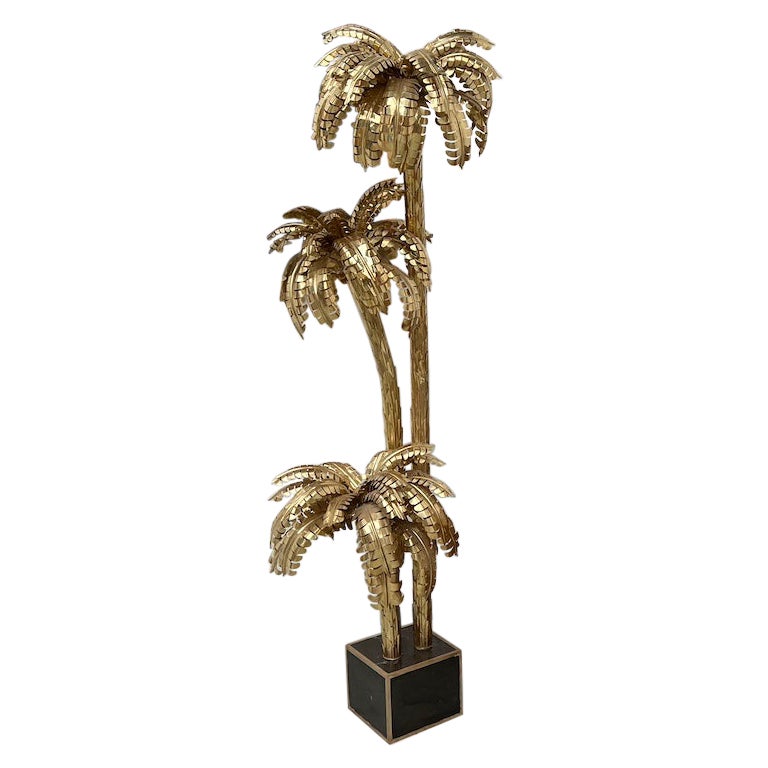 Large brass palm tree floor lamp with 3 trunks, DLG Maison Jansen For Sale