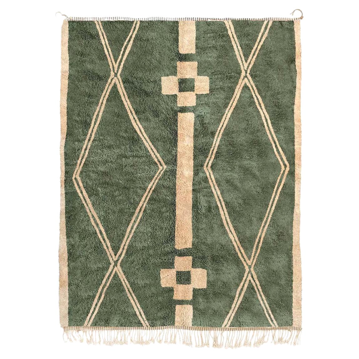 Tapis marocain Beni Mrirt 9'x12', motif tribal tapis de couleur vert shag, fait sur mesure en vente