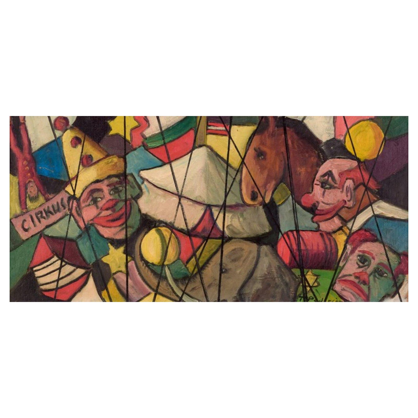 Swedish artist. Oil on board. Circus motif with clowns, horses, and elephants. 