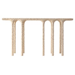 White-Washed Hand-Carved Massive Oak Console with Multiple Arches