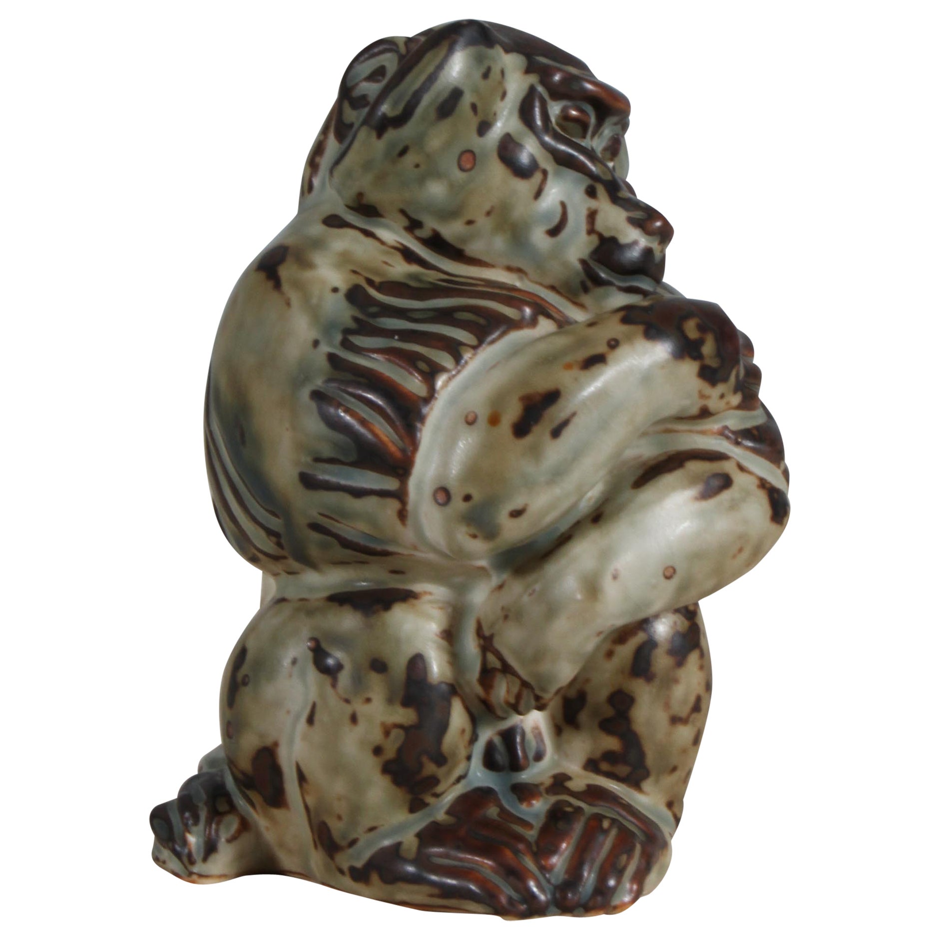 Glazed Stoneware sitting Ape Figurine, Knud Kyhn for Royal Copenhagen #20216 For Sale