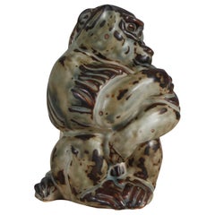 Retro Glazed Stoneware sitting Ape Figurine, Knud Kyhn for Royal Copenhagen #20216