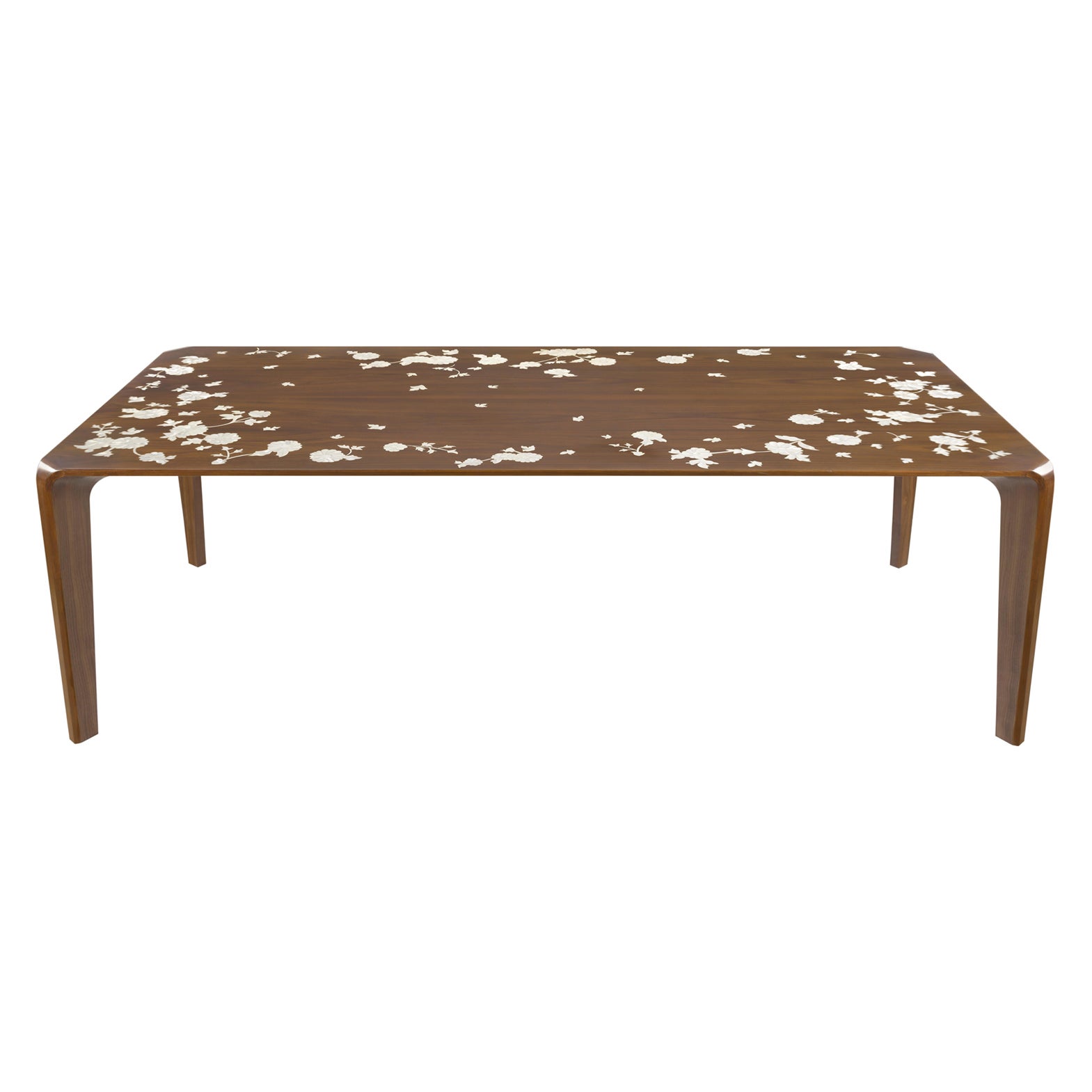 Dining Table with Hand-Laid Floral Mother-of-Pearl & Massive Curved Walnut Legs For Sale