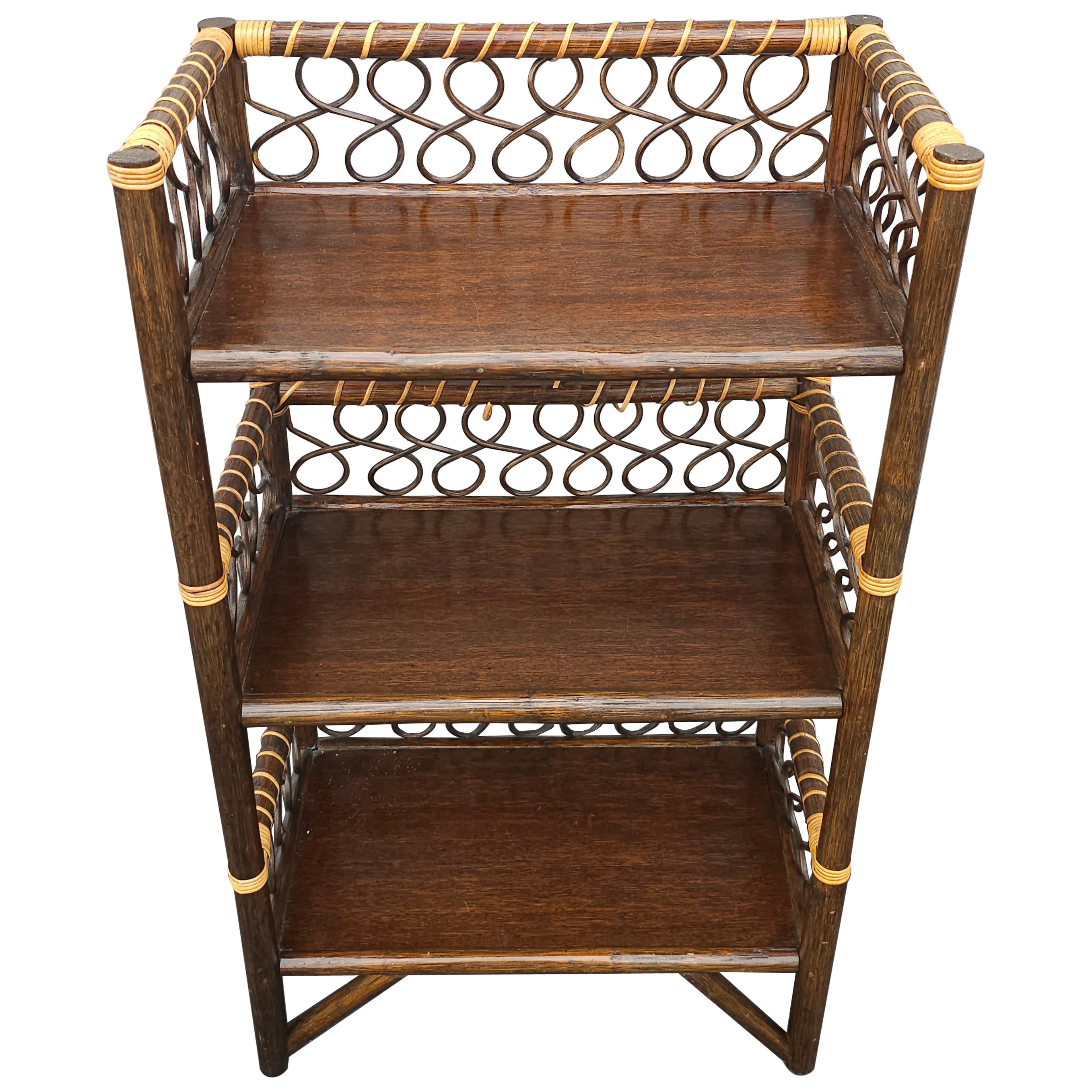 Vintage Handcrafted Walnut Finish Rattan Petite Bookcase Etagere For Sale