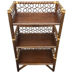 Vintage Handcrafted Walnut Finish Rattan Petite Bookcase Etagere