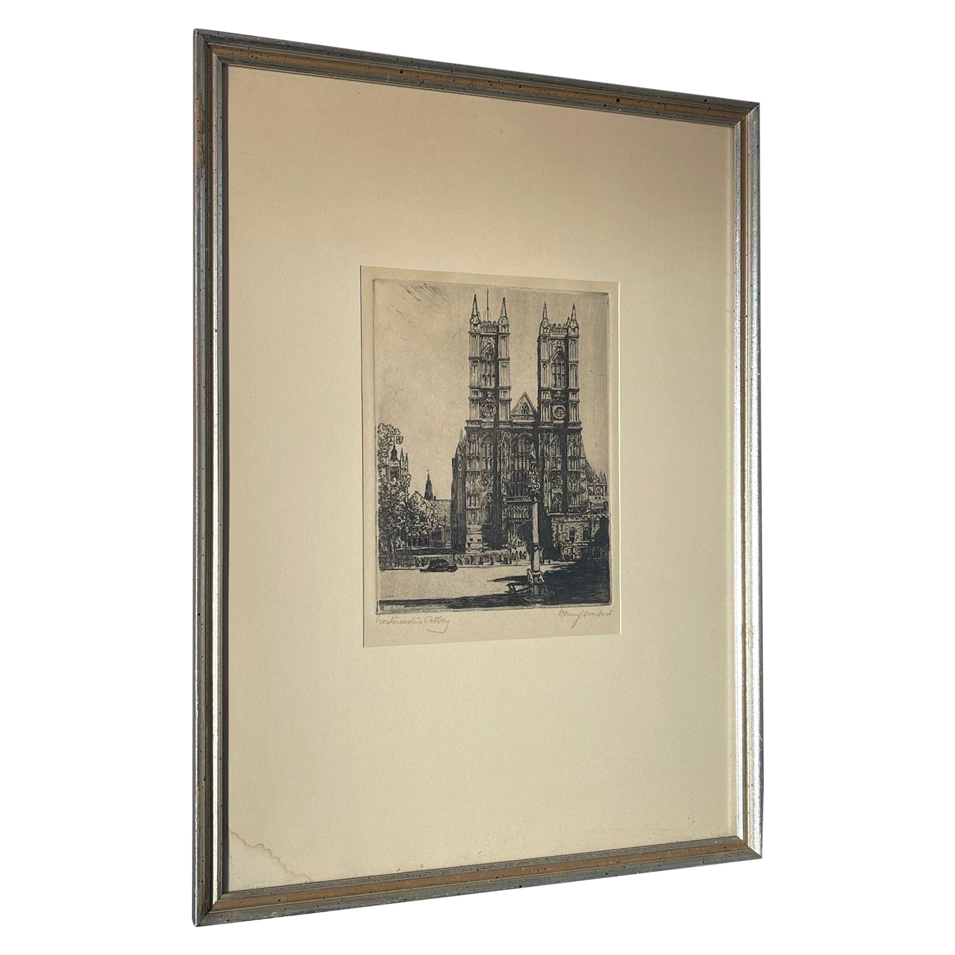 Impression d'art vintage signée et encadrée de l'abbaye de Westminster. en vente