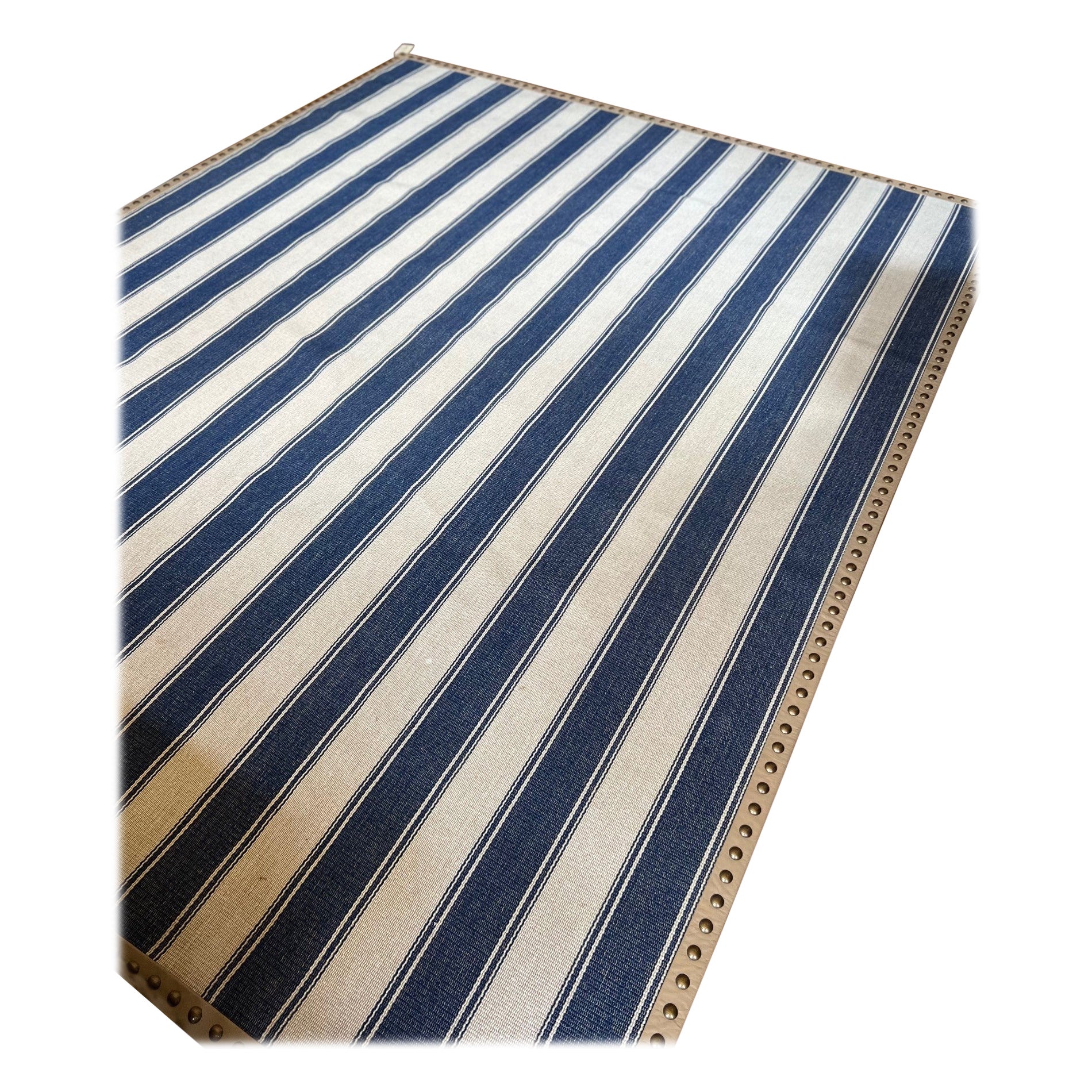 Custom Blue and Beige Striped Kilim Edged With Faux Leather and Brass Trim For Sale