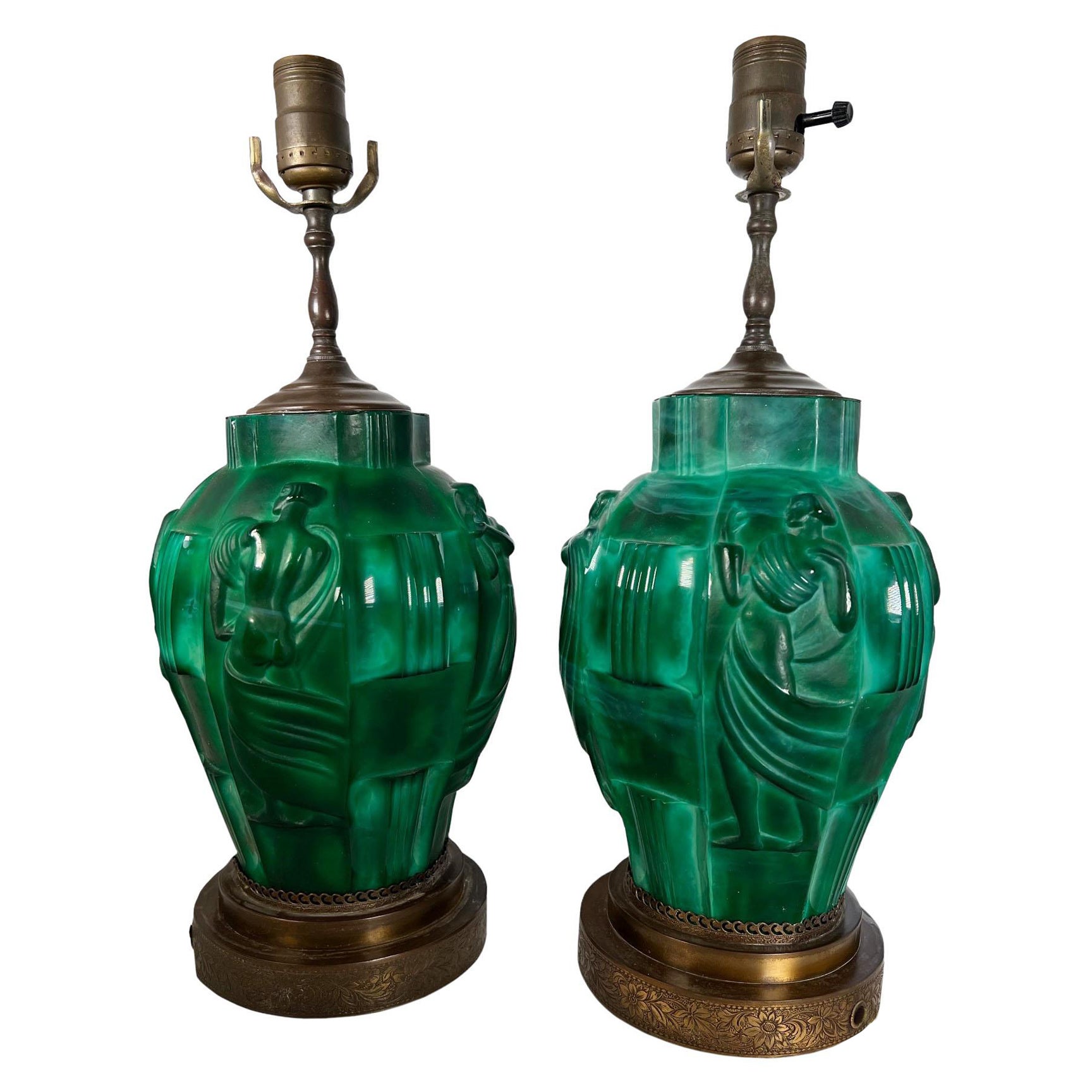 Bohemian Art Deco Style Malachite Glass Lamps