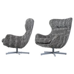 Pair of Vintage Fuzzy Leopard Arne Jacobsen Egg Chair Style Swivel Chairs