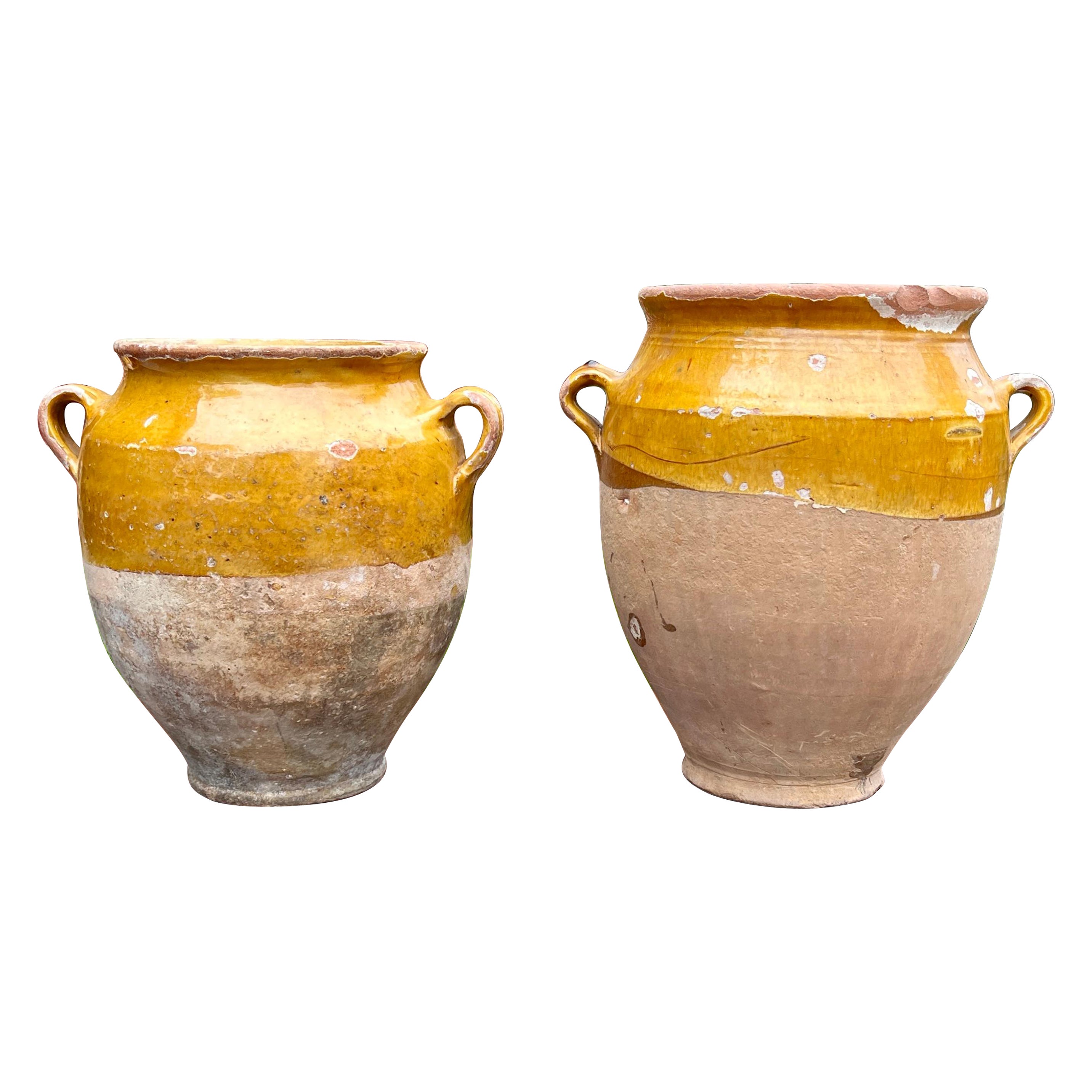Anciennes confitures de poterie françaises PAIR, pichets vernis jaune ocre, grand format en vente