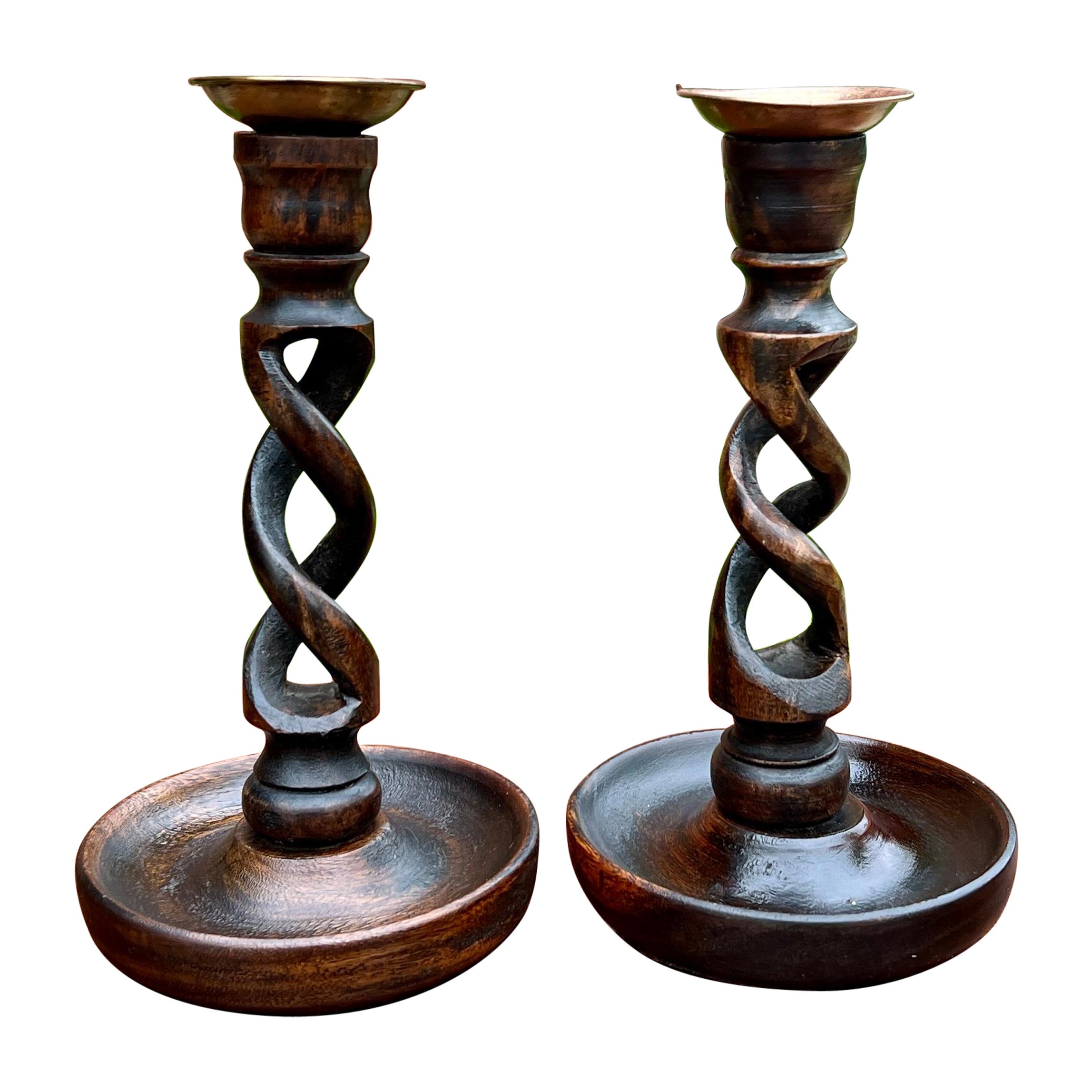 Antique English Open Barley Twist Candlesticks Candle Holders Oak PAIR 9" Tall