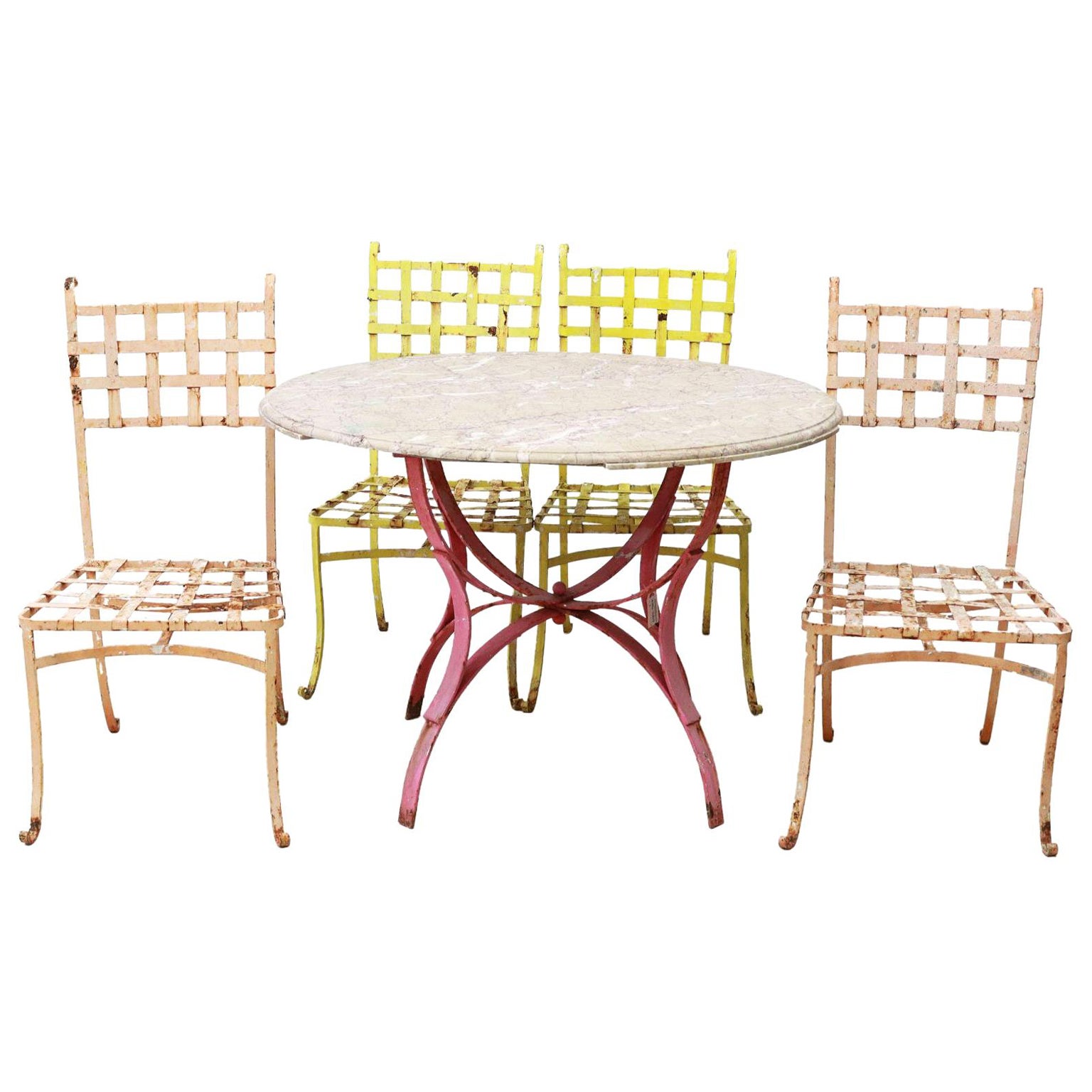 Vintage French Patio Marble Top Table Wrought Iron Base & Set of Four Chairs For Sale
