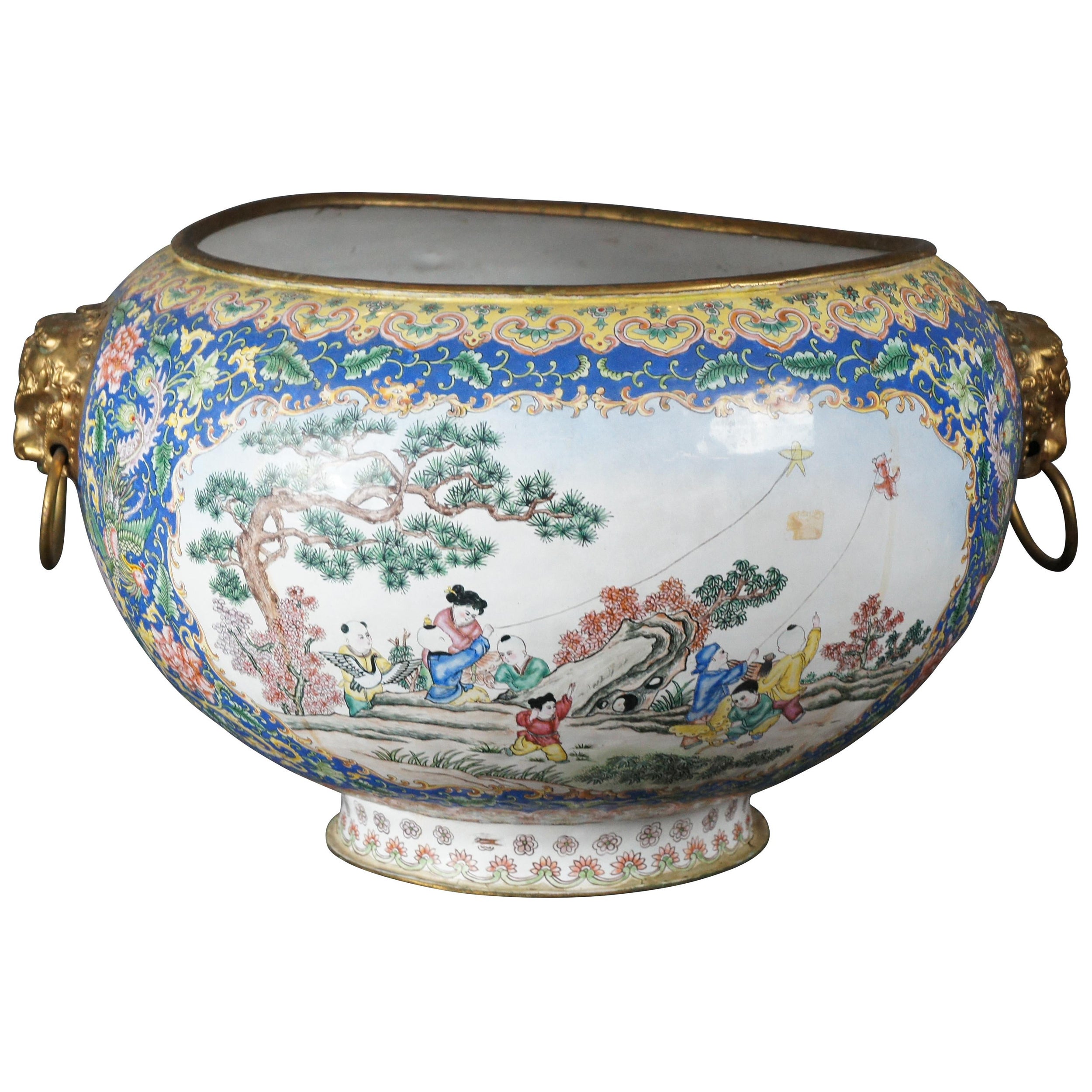 Antique Chinese Canton Enamel on Copper Jaridiniere Fish Bowl Gilt Metal Handles For Sale