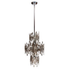 Vintage Brutalist chandelier stainless steel original, france 1970s