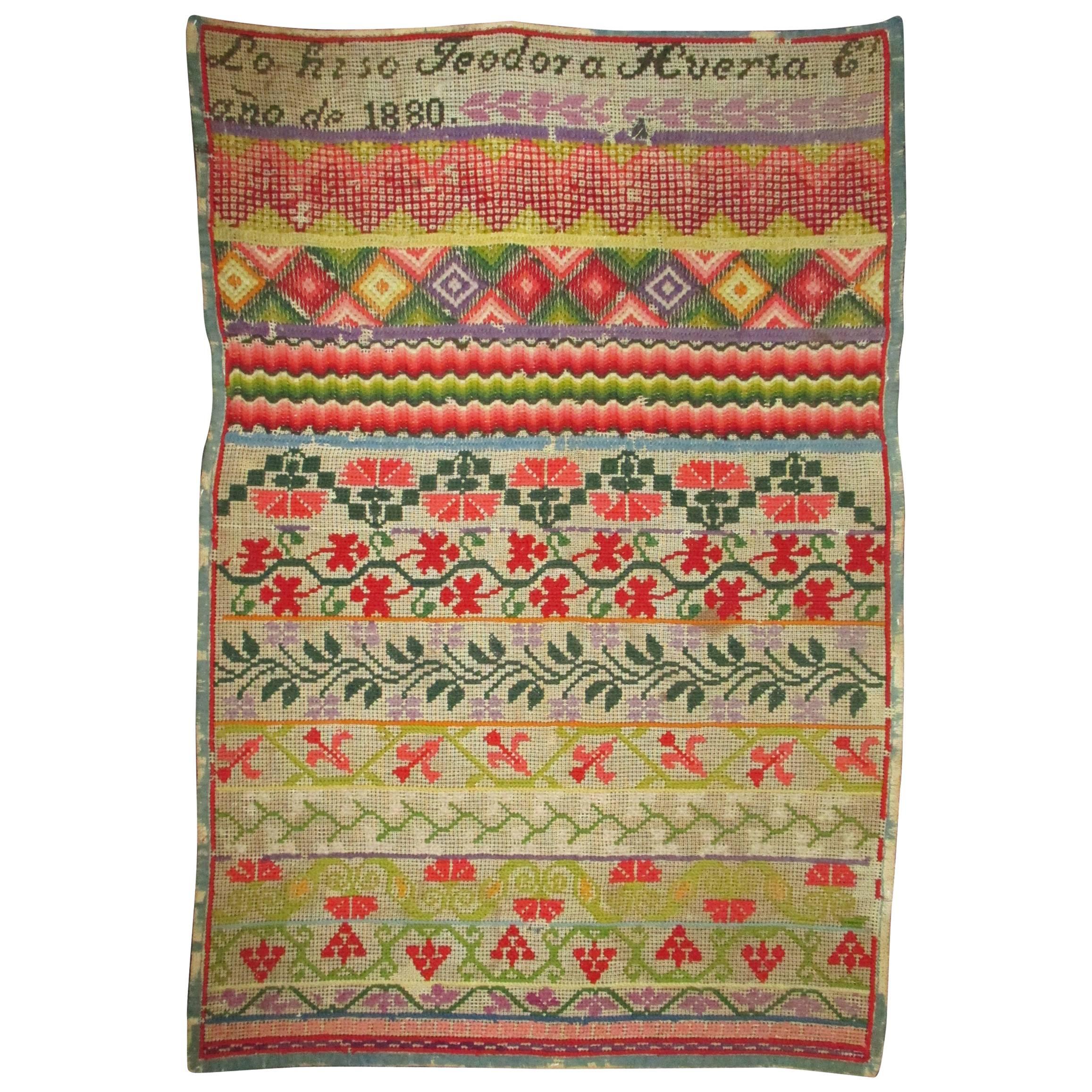 19th Century Mexican Needlepoint Sampler, Dated 1880, Colorful and Elaborate For Sale