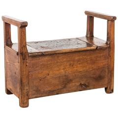 19th Century French Rustic Oak Salt Box Bench with Armrests