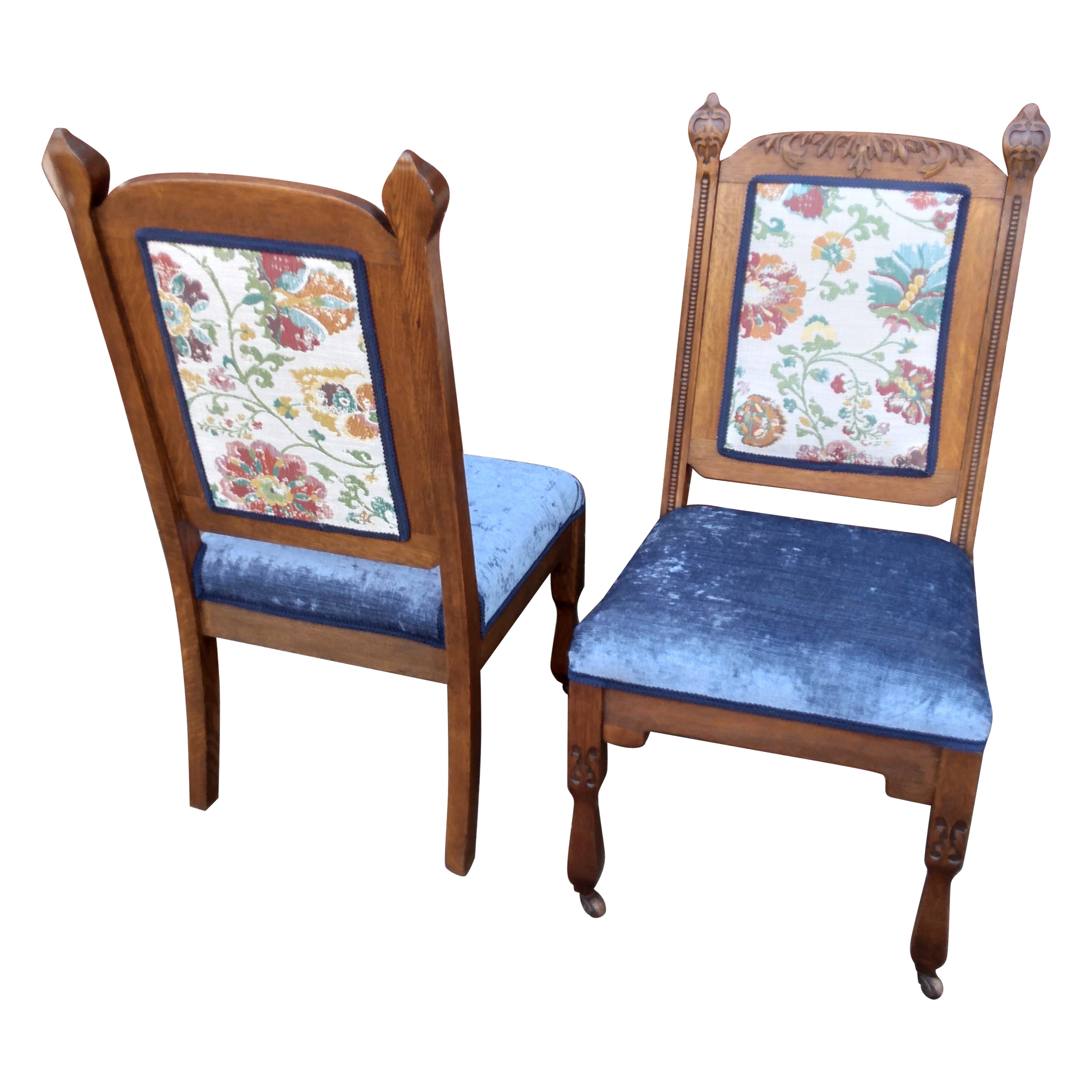 Pair of Eastlake-Style Side Chairs in Floral & Blue For Sale