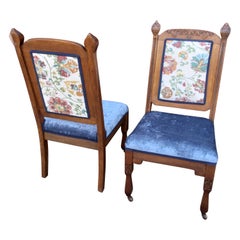 Antique Pair of Eastlake-Style Side Chairs in Floral & Blue