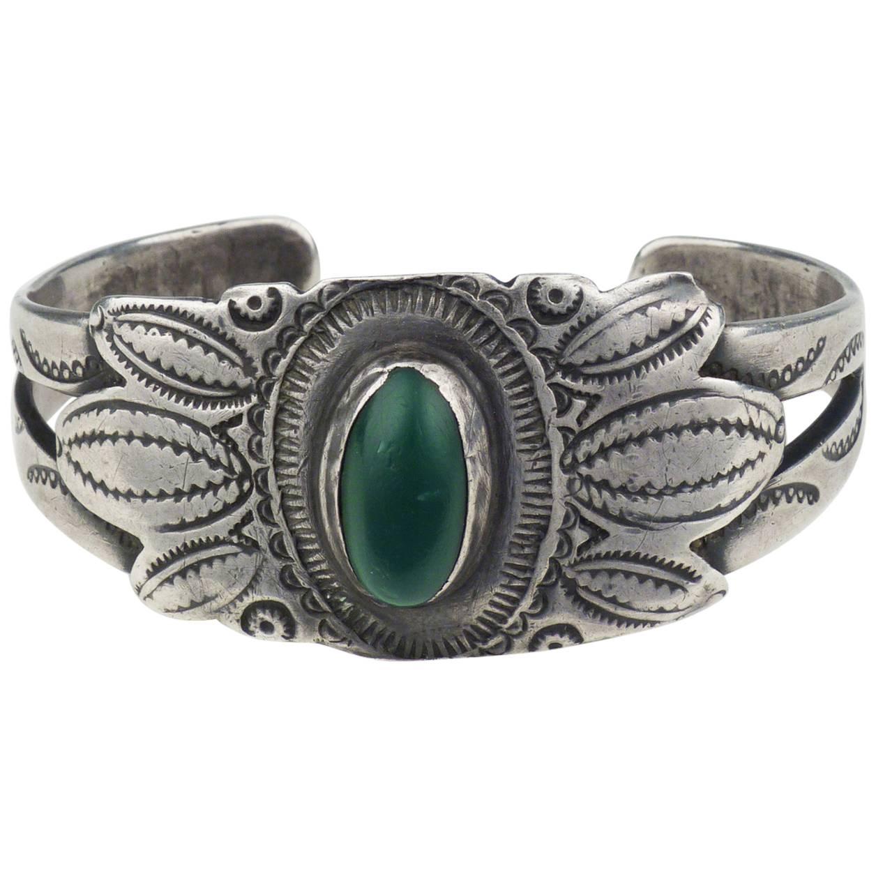 Antique Navajo Stamped Silver and Turquoise Bracelet, circa 1910 For Sale