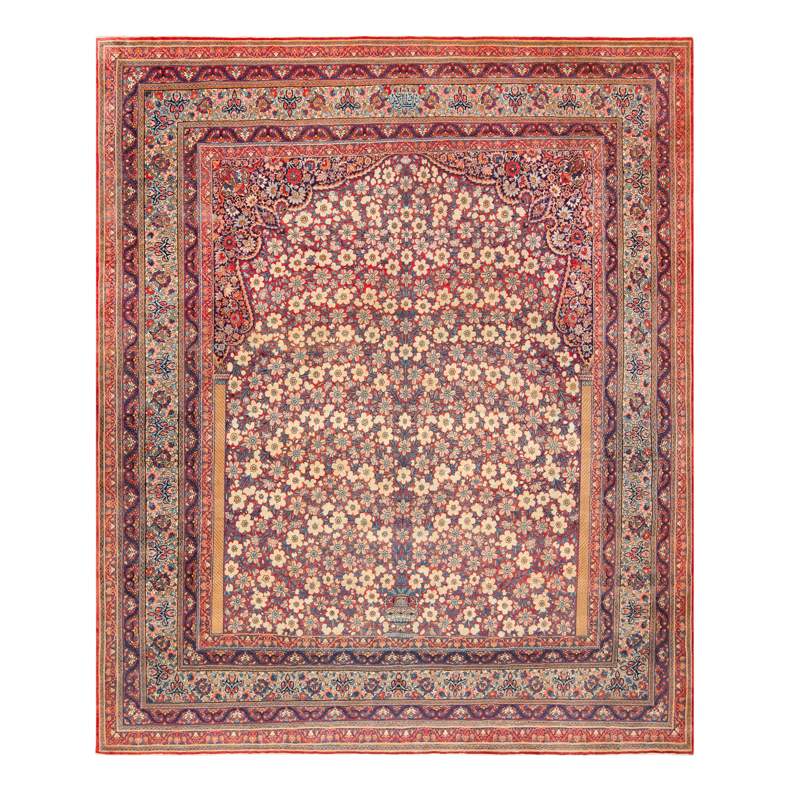 Wunderschöner antiker persischer Kerman-Blumenteppich in Gebetsdesign 10'8" x 12'4" im Angebot