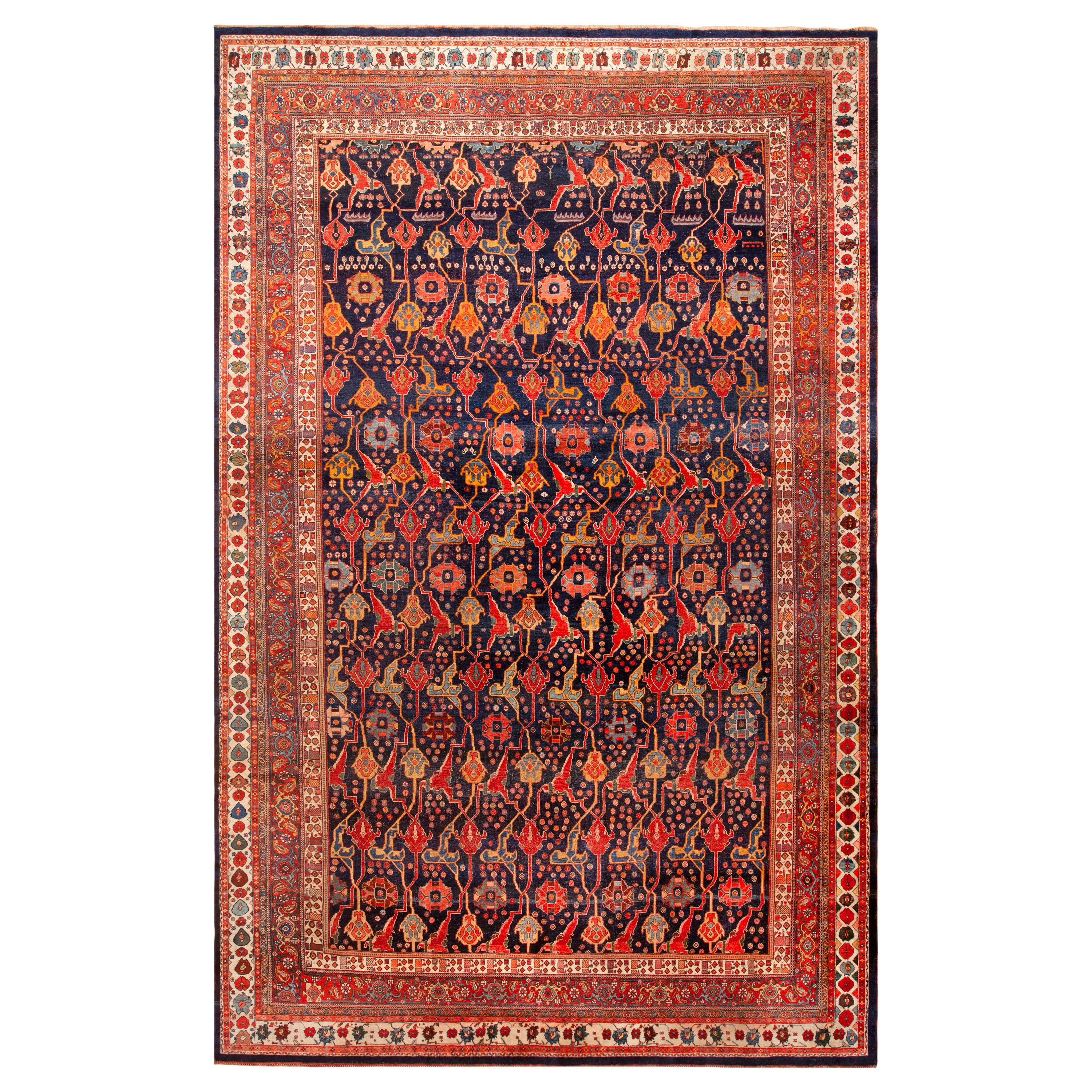 Superbe tapis persan ancien Bidjar à fond bleu 11'10" x 18'1" en vente