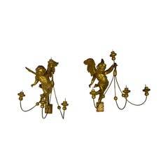 Pair of 19th Century Italian Gilt Winged Putti Candle Sconces