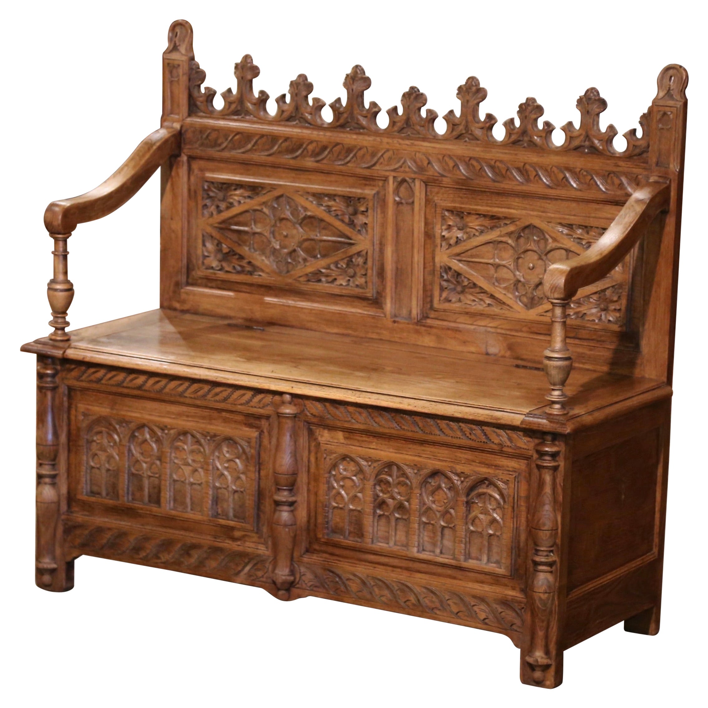 19th Century French Gothic Revival Carved Bleached Oak Hall Bench with Trapdoor