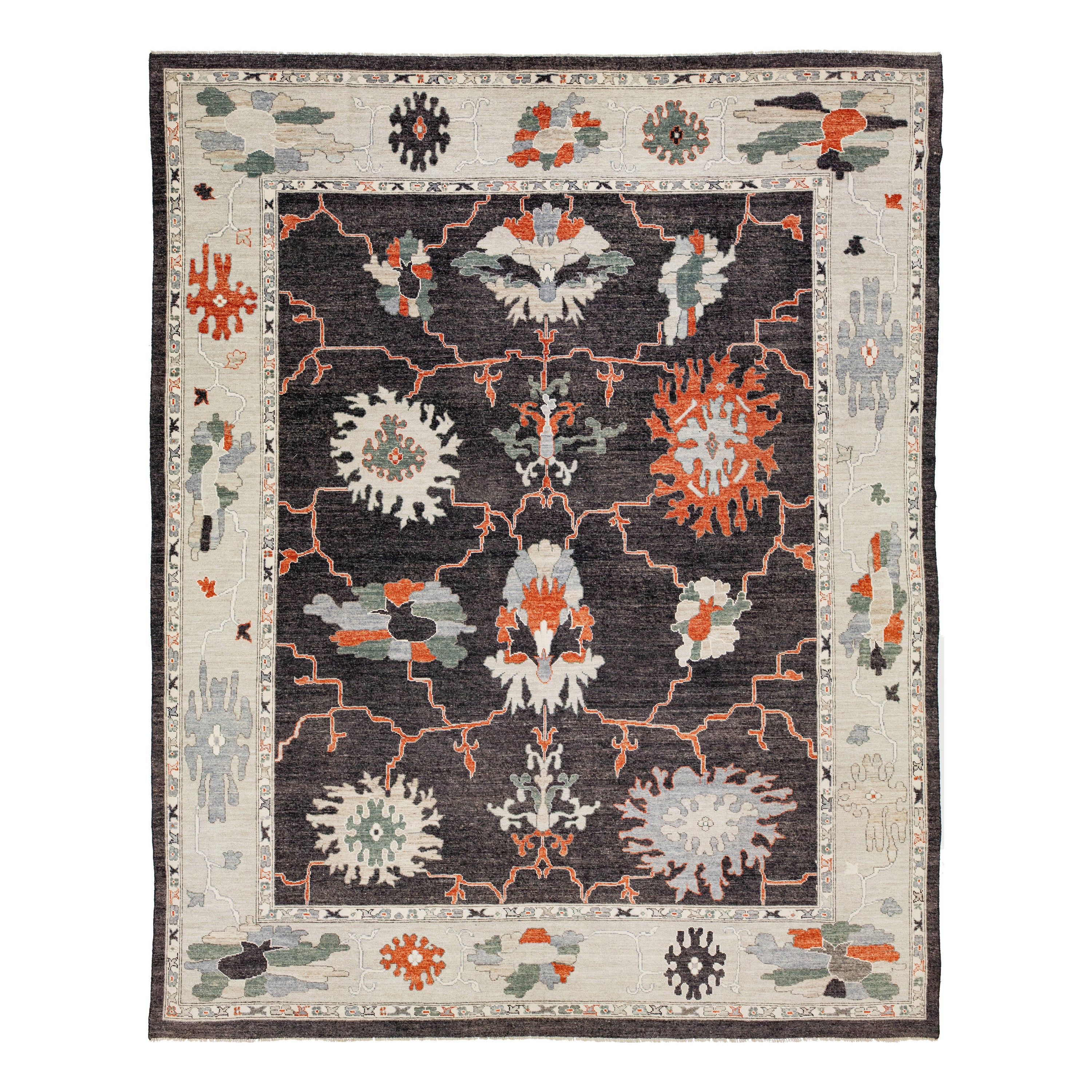 Contemporary Turkish Oushak Wool Rug In Charcoal Color With Artwork Pattern For Sale