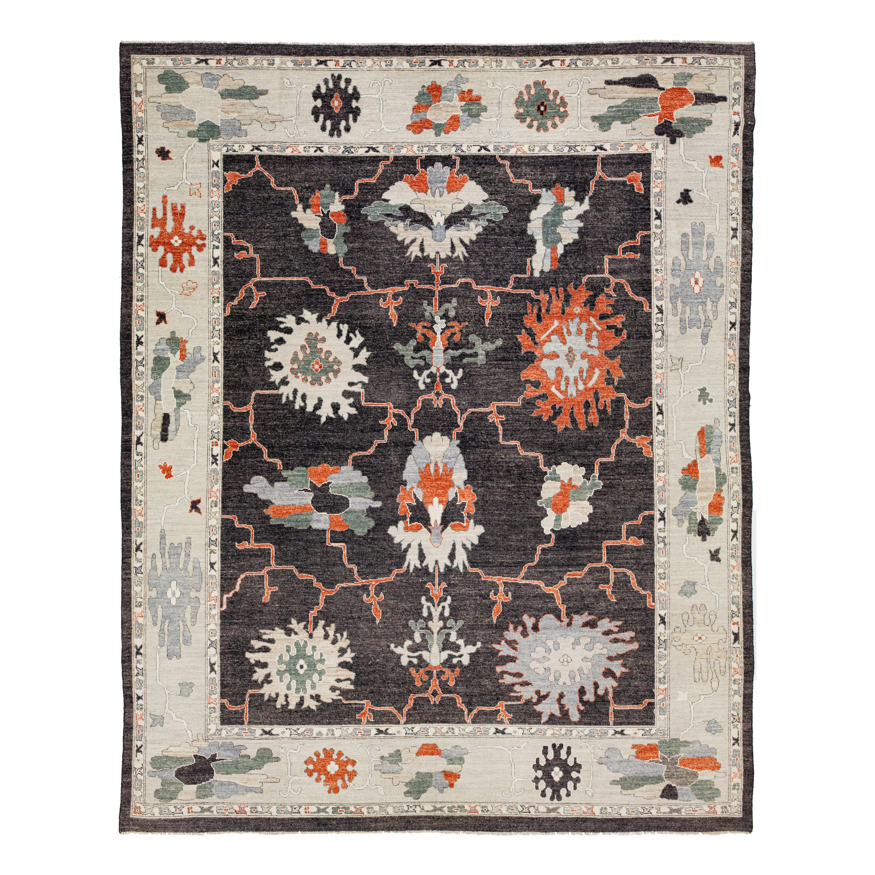 Tapis turc contemporain en laine Oushak de couleur anthracite avec motifs artistiques