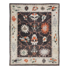 Tapis turc contemporain en laine Oushak de couleur anthracite avec motifs artistiques