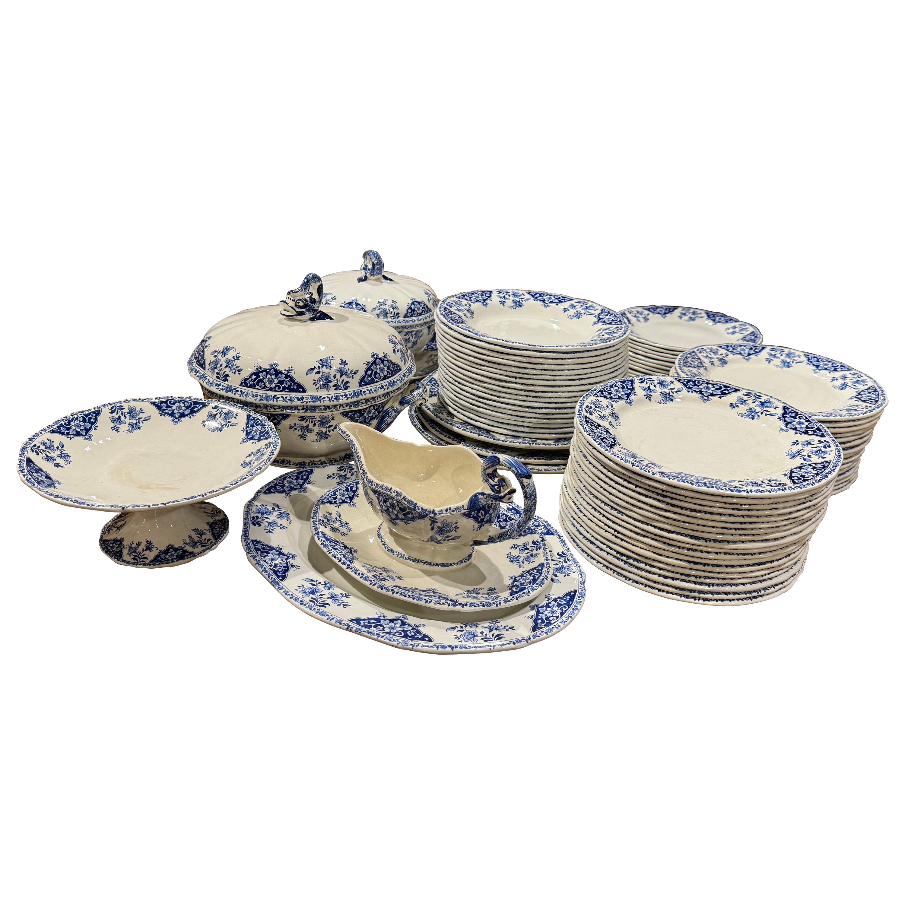 19th Century French Blue and White Gien Porcelain Dinnerware, 77 Pieces For Sale