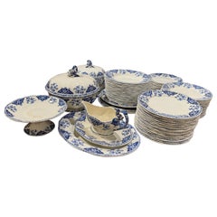 Used 19th Century French Blue and White Gien Porcelain Dinnerware, 77 Pieces