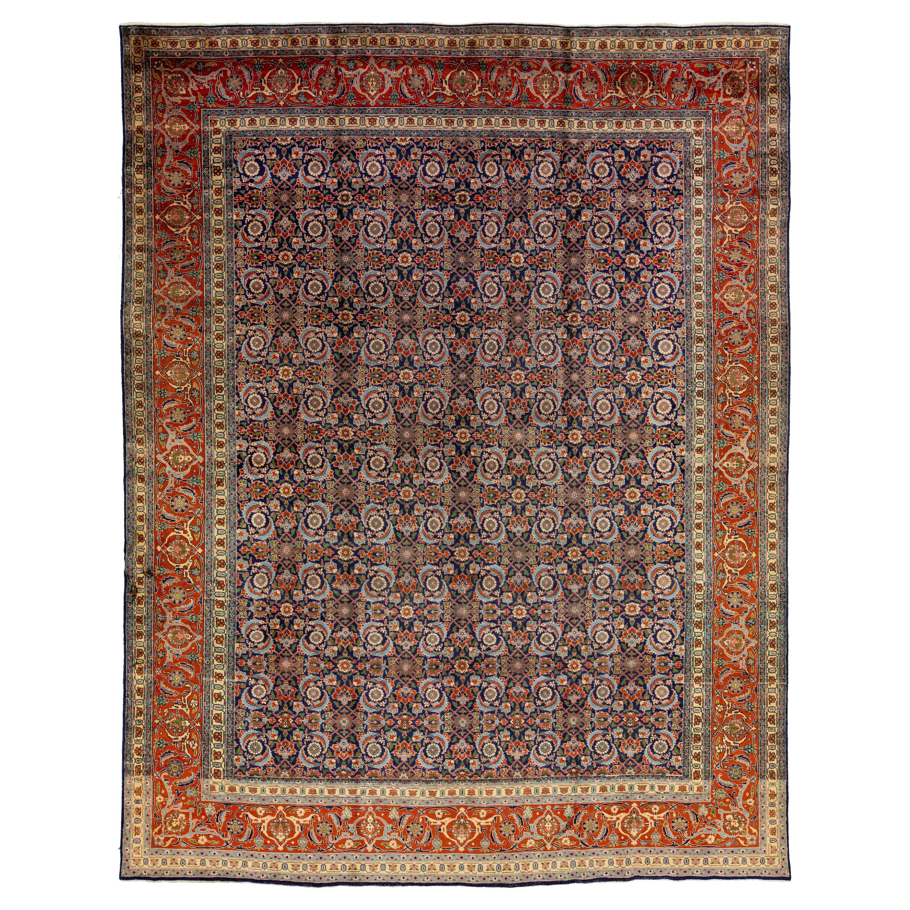 Blue and Orange Antique Wool Rug Persian Tabriz From 1920s with allover Design For Sale