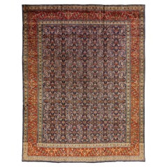 Blue and Orange Antique Wool Rug Persian Tabriz From 1920s with allover Design
