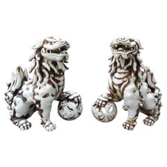 Vintage Pair Of Chinese Glazed Ceramic Foo Dogs