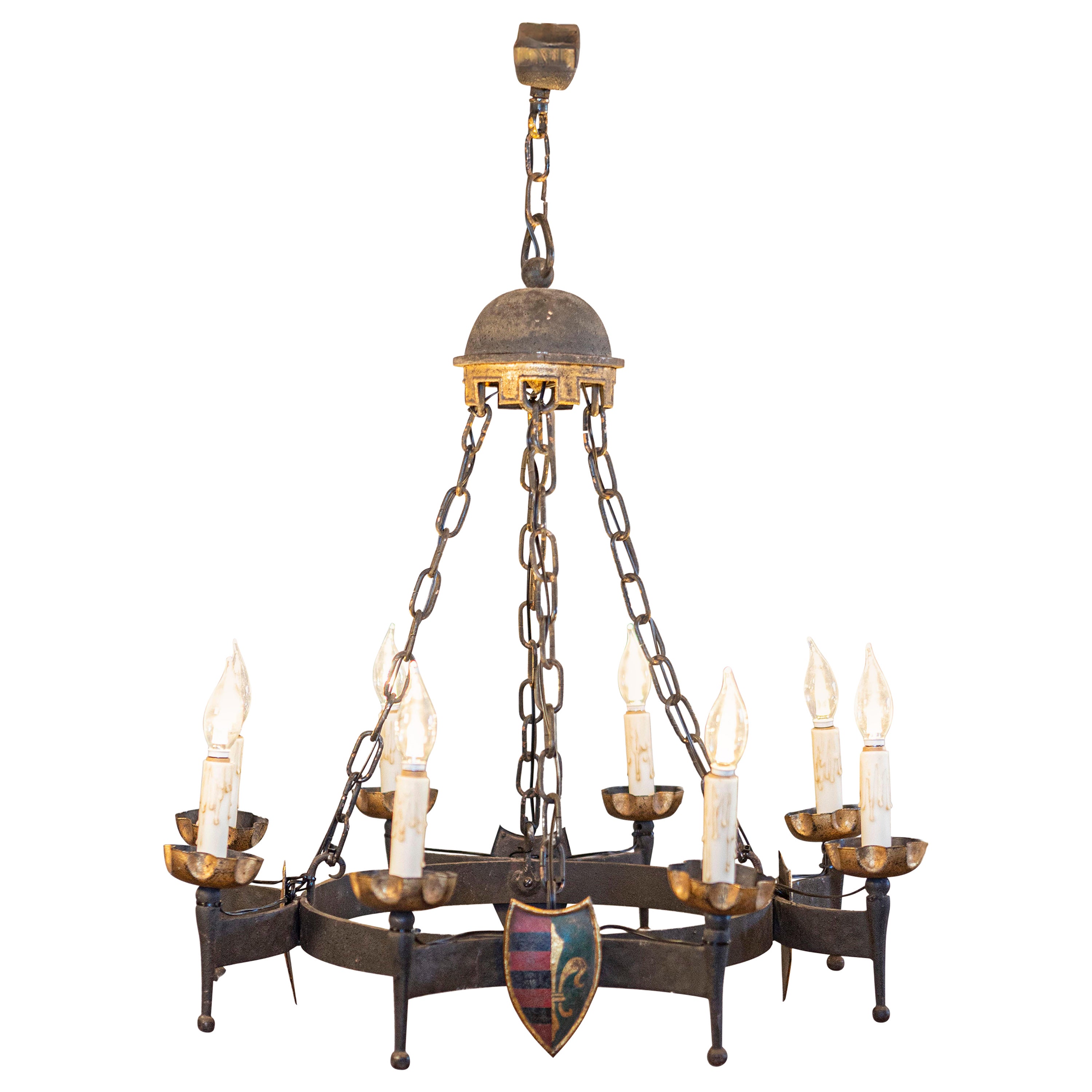 French Gothic Style Eight-Light Iron Chandelier with Hand-Painted Crests, Wired For Sale