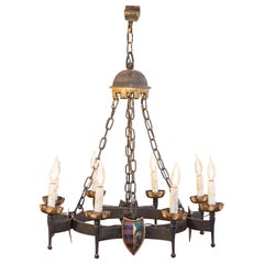Vintage French Gothic Style Eight-Light Iron Chandelier with Hand-Painted Crests, Wired