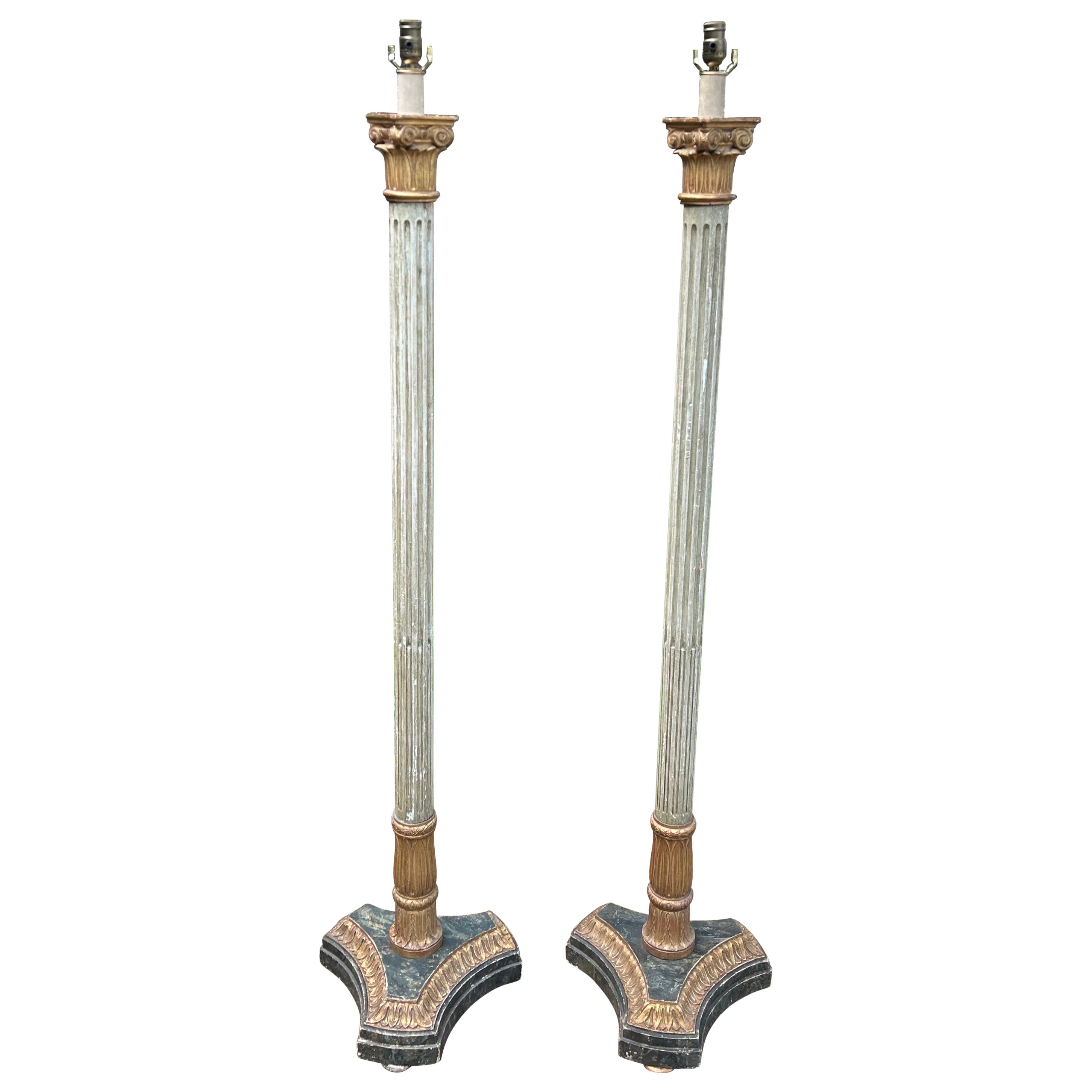 Pair Of Italian Painted And Giltwood Floor Lamps For Sale
