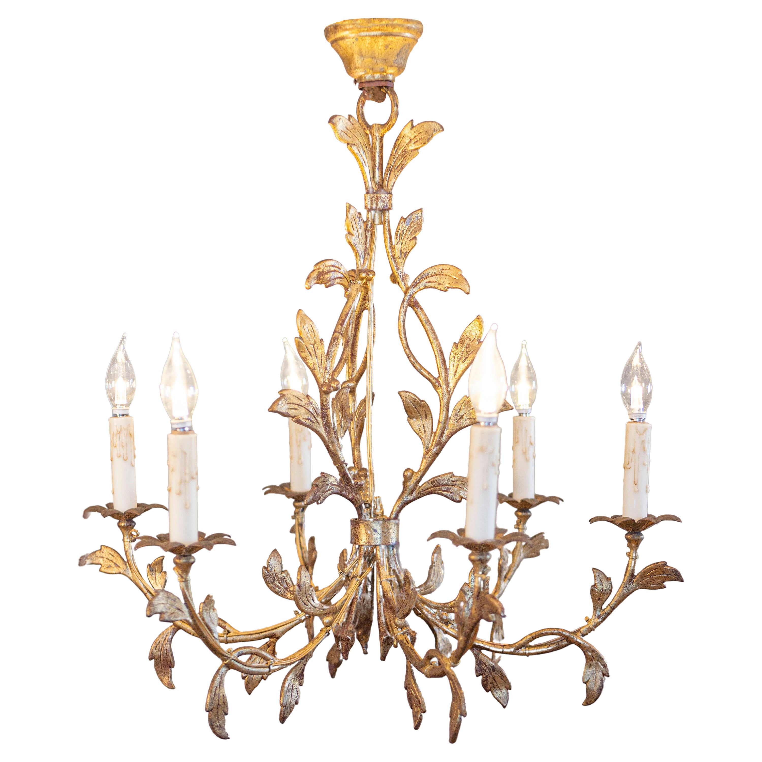 French Gilded Iron Six-Light Chandelier with Foliage Motifs, Rewired for the USA For Sale