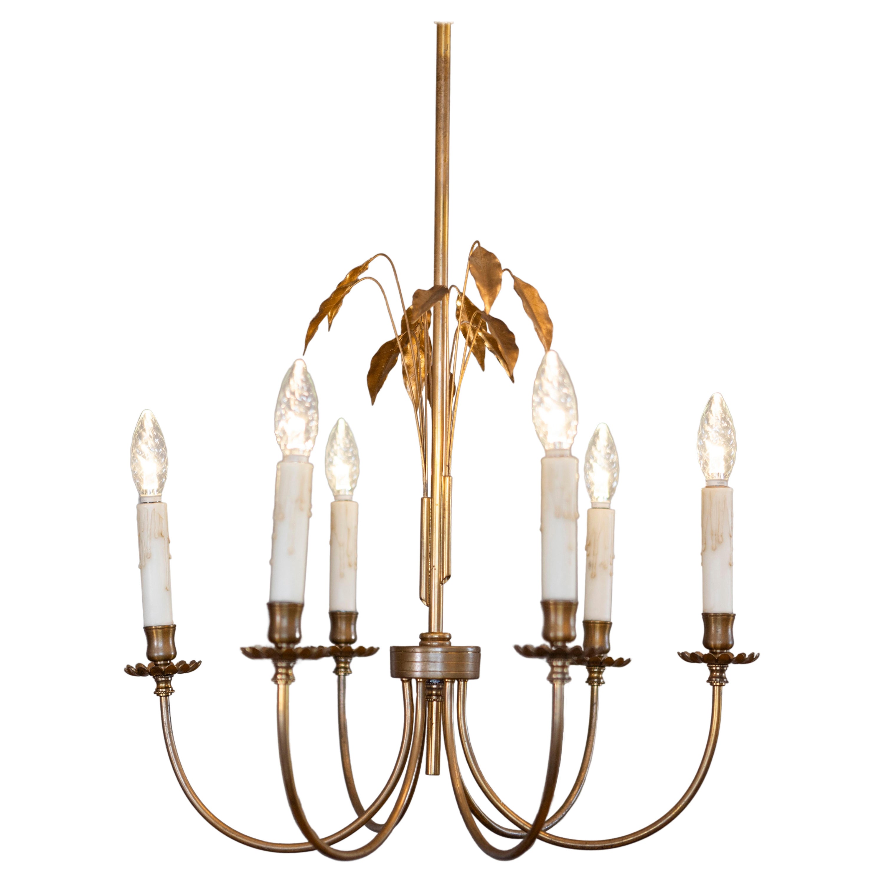 French Gilt Metal Maison Charles Inspired Six-Light Chandelier with Swoop Arms For Sale