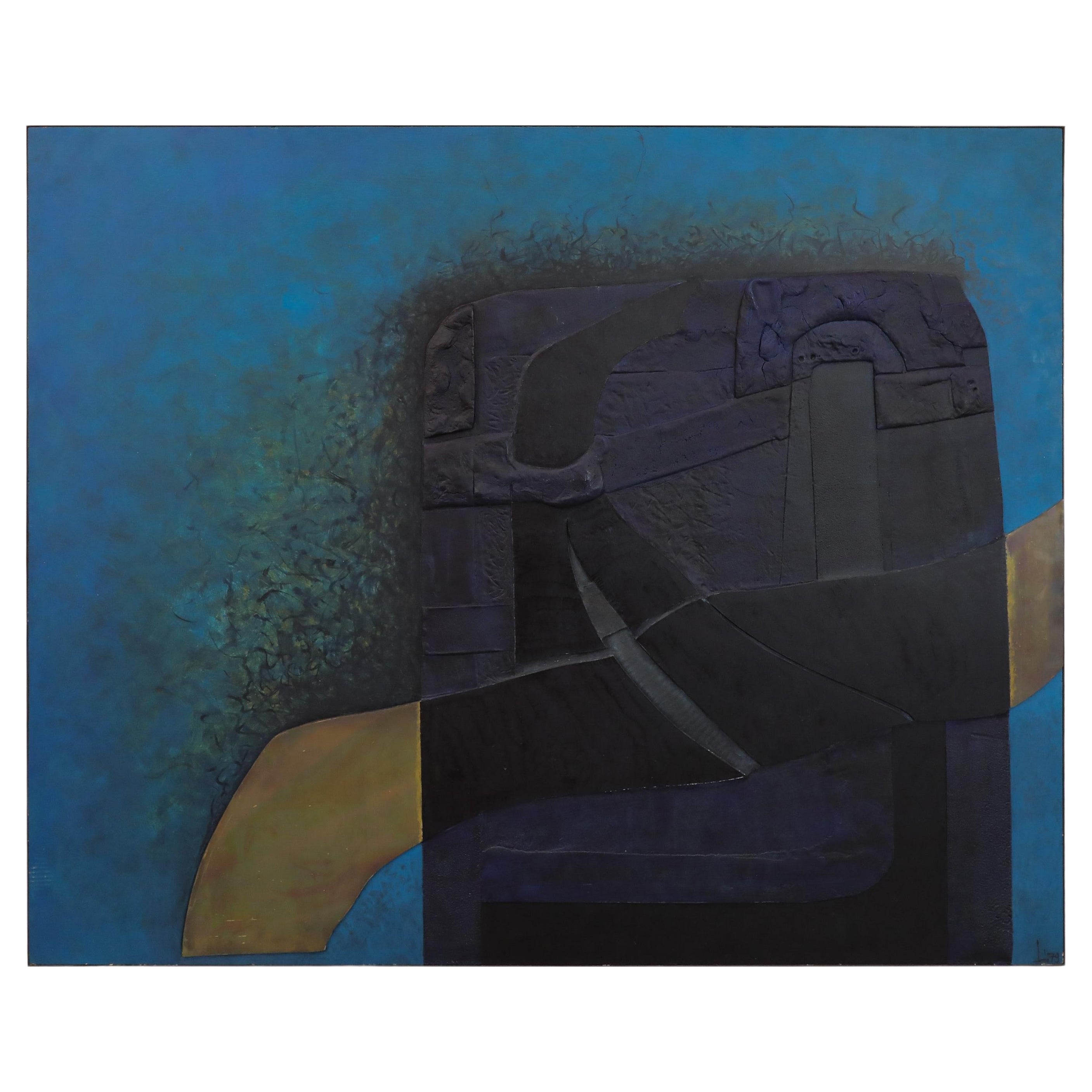 Mid-Century Blue & Brass Mixed Media Painting, Signed Lou Tiew, 1979 Netherlands