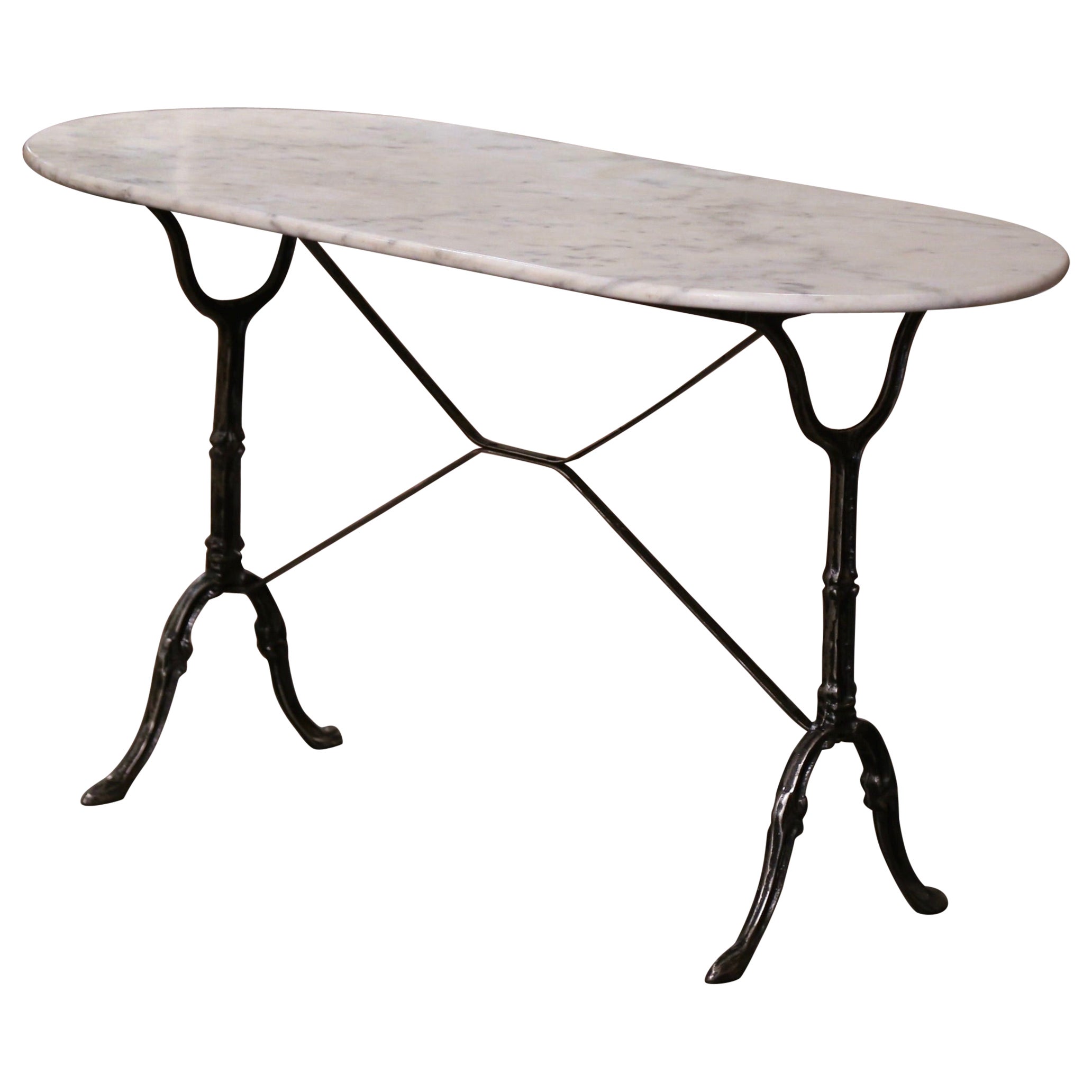 Mid-Century French Oval Marble Top Polished Iron Bistrot Table For Sale