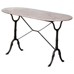 Used Mid-Century French Oval Marble Top Polished Iron Bistrot Table