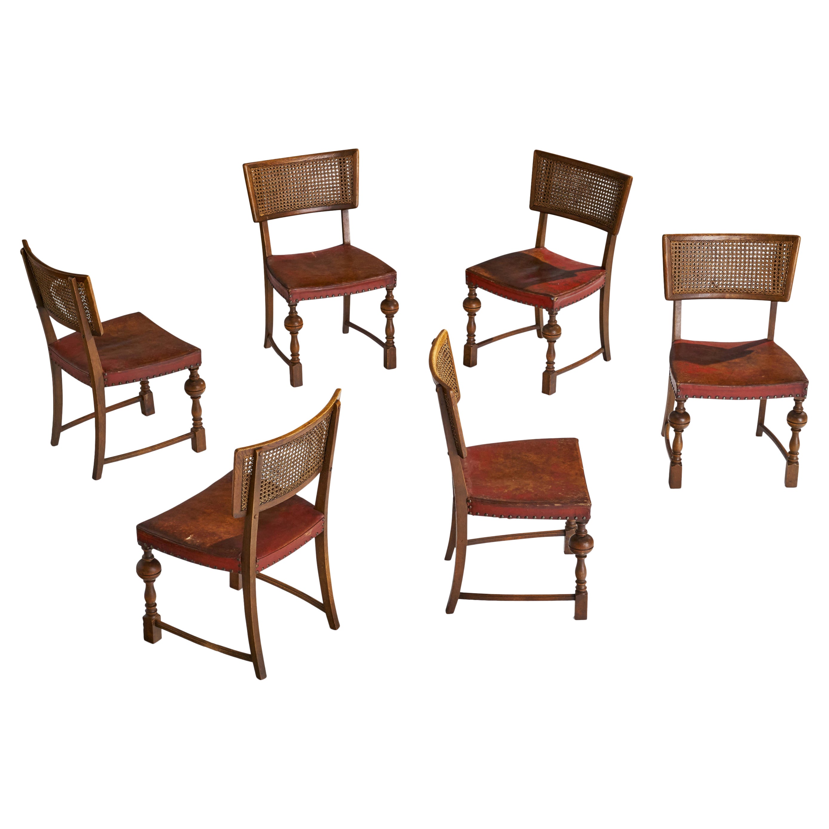 Danish Designer, Side Chairs, Oak, Cane, Leather, Denmark, 1930s For Sale